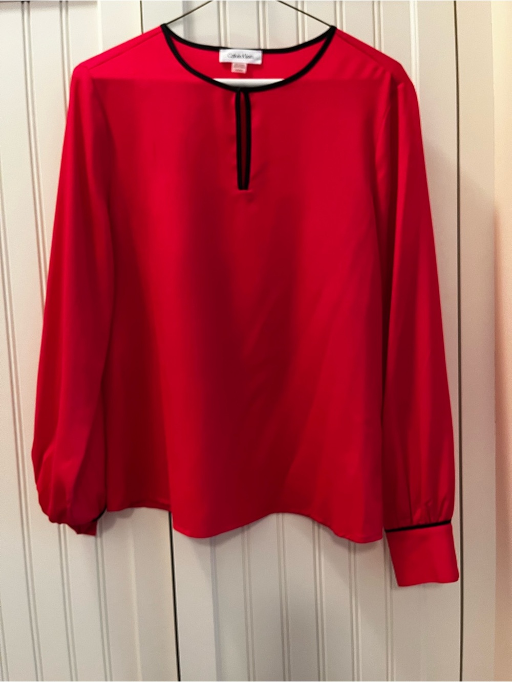 Calvin Klein Red Long-Sleeve Blouse with Black Trim